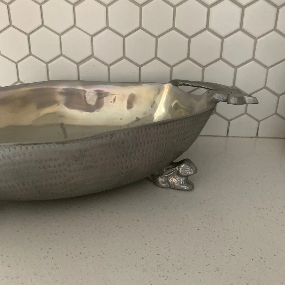 Arthur Court Pewter Rabbit Footed Serving Bowl Carrot‎ Handles 18.5 Inch Easter
